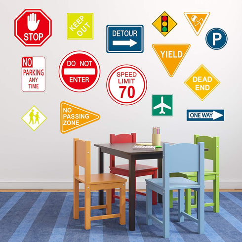 Zonon 15 Pieces Road Signs Wall Decal Traffic Street Signs Stickers Stop Street Transportation Vinyl Wall Decals for Kids Bedroom Classroom Playro...