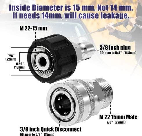 Tool Daily Pressure Washer Adapter Set, Quick Connect Kit, Metric M22 15mm to M22 Metric Fitting, Stainless Steel, 5000 PSI...