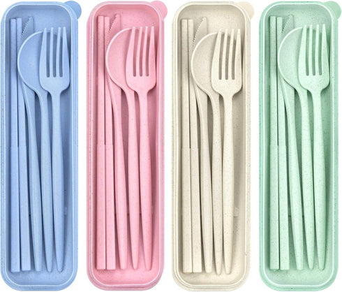 4 Sets Travel Utensils with Case, Cutlery Set Chopsticks Fork Spoon Knife with Case, Reusable Plastic Utensils Sets for Lunch Box Accessories,Port...
