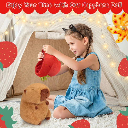 Emoin Capybara Plush Toy with Strawberry Hat 9.8Inch Kawaii Capybara Plushie Soft Brown Capybara Stuffed Animals Doll Pillow Strawberry Capybara H...