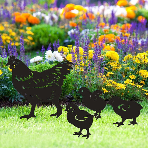 4 Pack Chicken Garden Decorative Statues, Metal Hen and Chicks Silhouette Garden Stakes, Ideal Yard, Garden, Lawn Decor, Animal Outdoor Decoration...