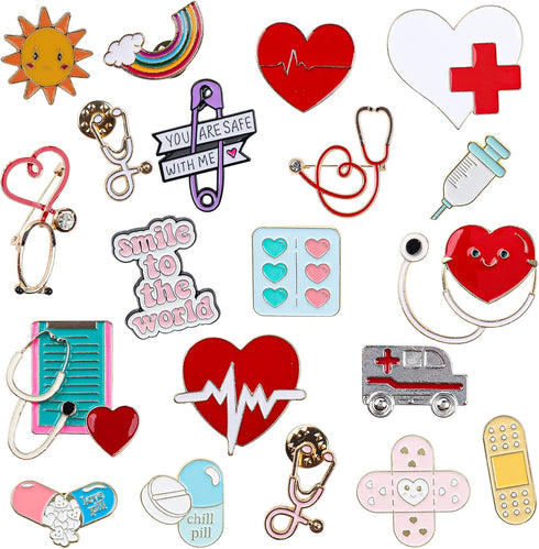20 Pieces Nurse Enamel Pins Cute Brooch Pins Inspirational Cartoon Lapel Pins Badges Doctor Enamel Pin with Storage Bag for Nurses' Day Christmas ...
