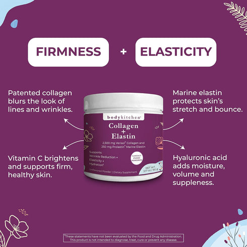 Body Kitchen Collagen and 250 mg Elastin Supplement to Aid Signs of Aging, Support Skin Health & Elasticity, Fewer Wrinkles, Unflavored Powder, Ta...