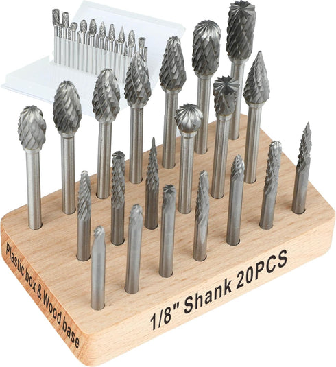 Tungsten Carbide Burr Set Compatible with Dremel 1/8" Shank 20PCS w/Wood Base Die Grinder Rotary Tool Rasp Bits Kit Accessories Attachments Metal ...