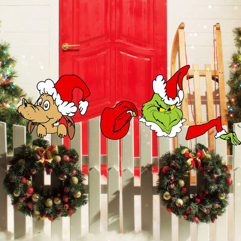 Christmas Decorations Outdoor Fence Peeker - Funny Christmas Fence Yard Signs with Thief Stole Head Arm Bag and Dog for Holiday Xmas Garden Courty...