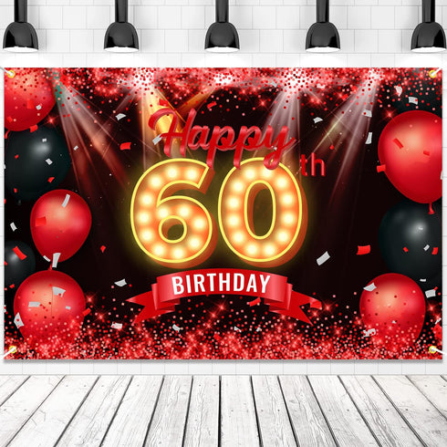 Happy 60th Birthday Banner Backdrop Red and Black 60 Years Old Background Bday Decorations for Women Men Photography Party Supplies Glitter...