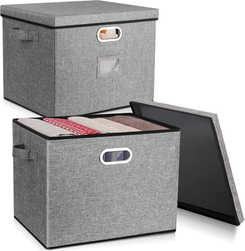 Collapsible Storage Bins with Lids, 2-Pack Foldable Fabric Linen Storage Boxes Cube, Closet Organizer Storage Basket with Label for Home Bedroom O...