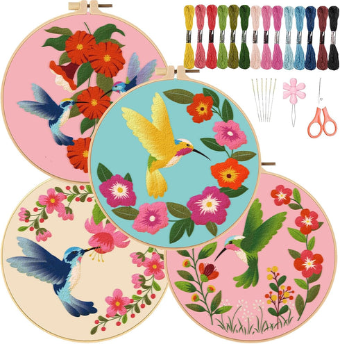 ORIGACH 4 Pack Flowers and Hummingbird Embroidery Kits for Beginners, DIY Starter Hand Embroidery Kit with Floral and Birds Patterns and Instructi...