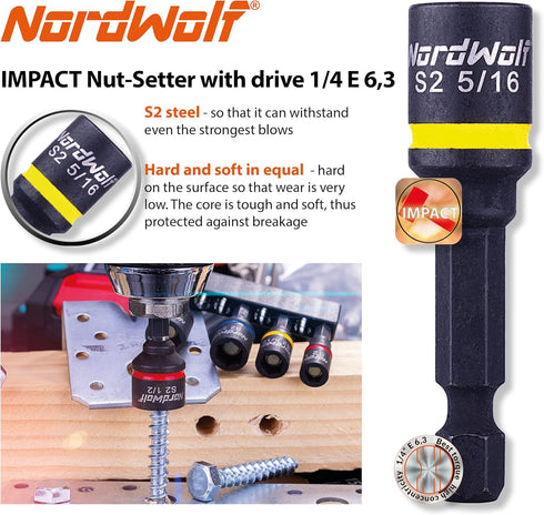 5-Piece SAE Nut Driver Set, Impact Magnetic Nut Setters Made From S2 Steel, Imperial Sizes 1/4"-5/16"-3/8"-7/16"-1/2"...