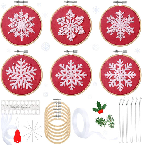 6 Sets Winter Embroidery Kit for Beginners Snowflakes Christmas Cross DIY Needlepoint Kit with Patterns, Instructions, Embroidery Hoops, Threads, ...