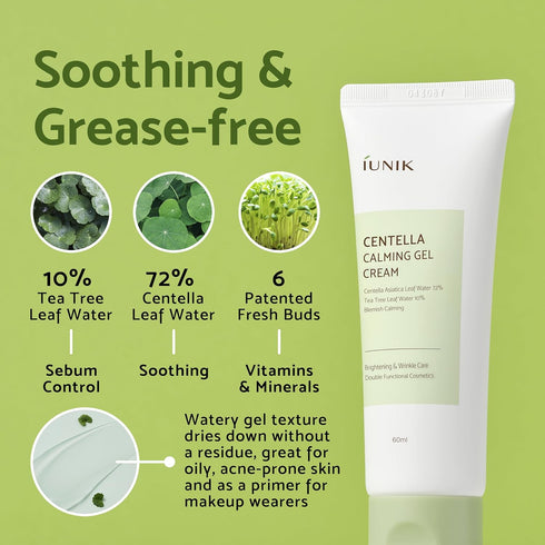 IUNIK Centella 70% Calming Gel Cream Vegan Non-Sticky Moisturizing Blemish Care w/Centella Asiatica Tea Tree 10% Soothes Acne Rosacea Oily & Sensi...