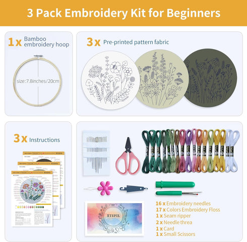 ETSPIL 3 Sets Embroidery kit for Beginners Adults?Learn 33 Different Stitches DIY Kits ?includes Stamped Flower Pattern, Hoop, Color Threads,Tools...