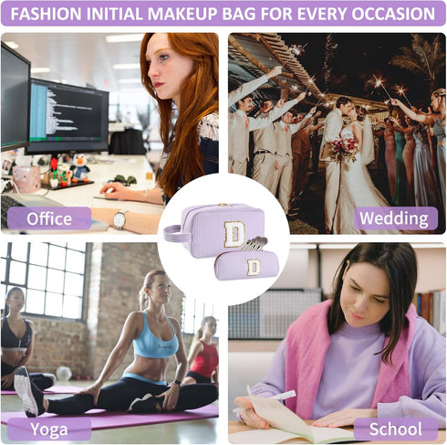 2pcs Personalized Initial Makeup Bag A-Z, Travel Toiletry Bag Monogram Make Up Bags Preppy Cosmetic Bag Makeup Pouch Birthday Graduation Gifts Bag...