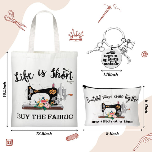 3Pcs Sewing Tote Bag Canvas Bag with Keychain, Funny Quilting Sewing Gifts for Seamstress Women Sewing Lovers Mom, Sewing Cosmetic Bag Organizer M...