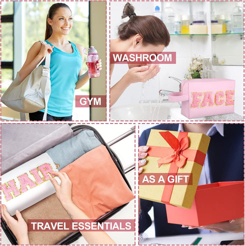 Sotiff 3 Pcs Preppy Patch Makeup Bag Hair Face Skin Cosmetic Bag Travel Toiletry Bag for Women Chenille Letters Patch Bag with Handle Waterproof P...