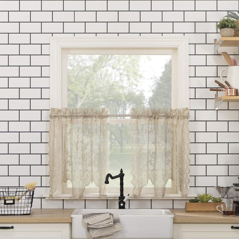 No. 918 Alison-Tr Floral Lace Sheer Rod Pocket Kitchen Curtain Tier Pair, 58" x 36", Stone...