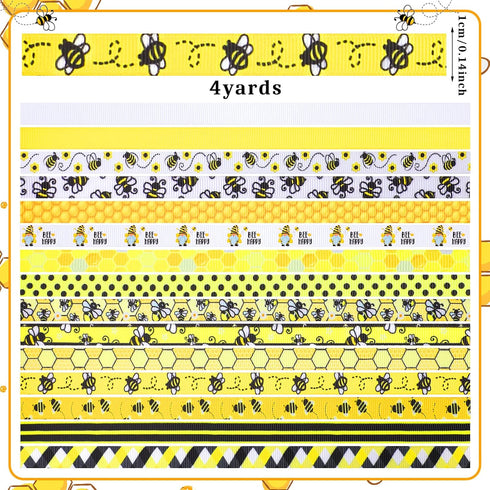 Jutom 15 Rolls 60 Yards Bee Ribbon Bee Flowers Bee Gnome Grosgrain Stripes Dots Yellow Wreath Ribbon Spring Easter Decorations for Sewing DIY Craf...