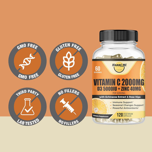 Vitamin C 2000MG, Zinc 40 mg, Vitamin D3 5000 IU, Echinacea Extract, Rose Hip, Immune Support for Adults & Kids, Immune Booster,120 Vegan Caps, 60...