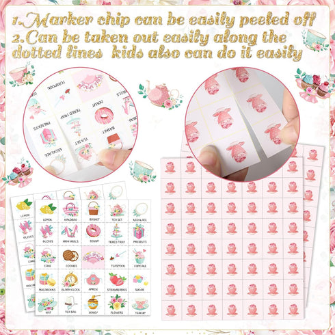 Shappy 35 Pieces Tea Party Bingo Game 24 Players Floral Tea Party Bingo Cards Garden Tea Party Games for Kids Family School Classroom Activities B...