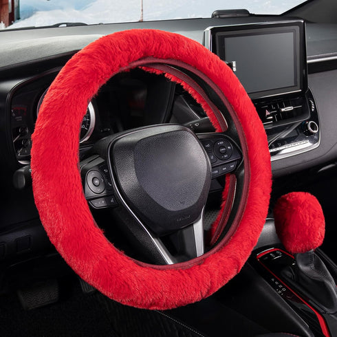 SEG Direct Furry Car Steering Wheel Cover with Fluffy Gear Shift Cover Soft Warm Non-Slip Car Decoration for Women Girls 2 PCS Set, Red...