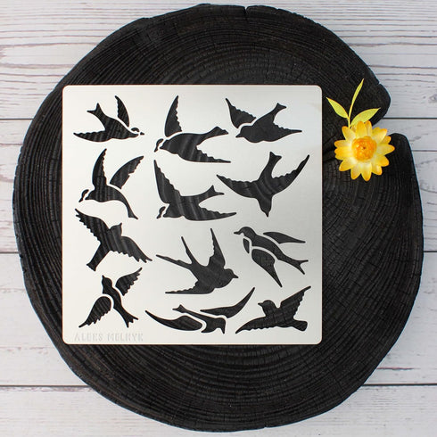Aleks Melnyk No.468 Metal Stencil, Many swallows fly in The sky, Birds, Animals, Small Stencil, 1 PC, Template for Wood Burning, Engraving, Crafti...