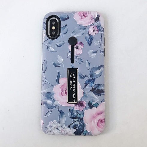 Compatible with iPhone X/XS Case Finger Grip,3D Embossed Pink Flowers White Shell Design,Rugged Shockproof Slim Fit Dual Layer Finger Ring Loop St...