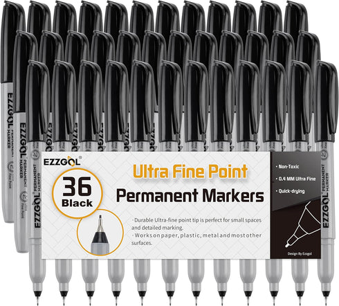 Ultra Fine Permanent Marker, 36 Pack Ultra Fine Point Black Permanent Marker set, Works on Plastic, Wood, Stone, Metal and Glass for Doodling, Mar...