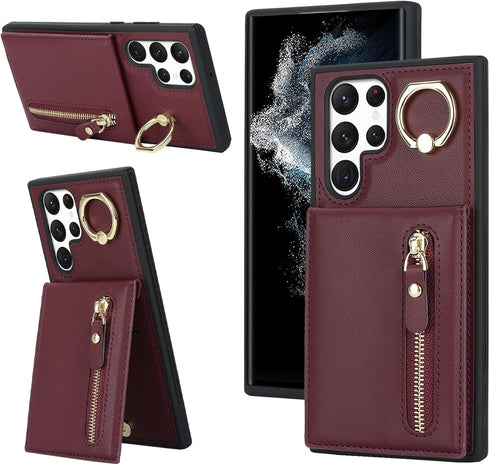 Jaorty for Samsung Galaxy S22 Ultra Phone Case with Card Holder,Galaxy S22 Ultra Case for Women with Credit ID Card Slot,360 Rotation Ring Kicksta...