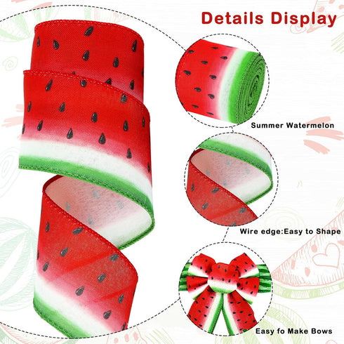 AnyDesign Summer Wired Edge Ribbon Watermelon Print Craft Ribbon Red Green Fruit Fabric Ribbon for Wreath Bow Making DIY Crafts Wrapping Party Dec...