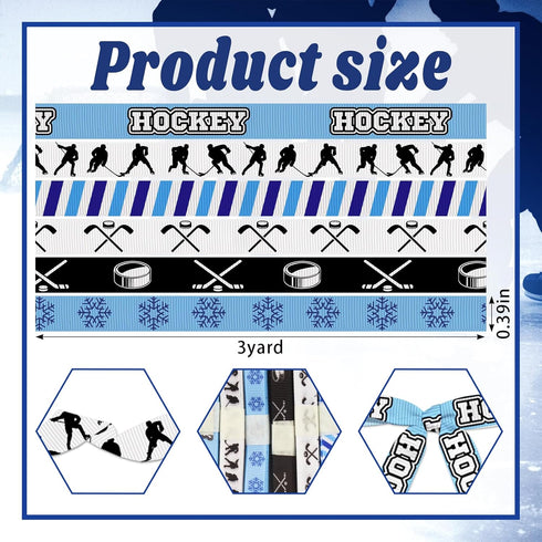 6 Rolls Hockey Ribbon for Wrapping Gifts Crafts, Ice Hockey Theme Ribbon for Gift Wrapping Home Decorations DIY 3/8" X 18 Yards, Grosgrain Blue Sp...