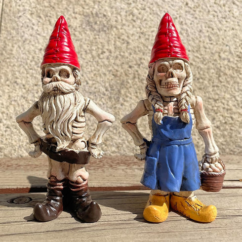 2PCS Male and Female Halloween Skeleton Gnome Couple Garden Statue Zombie Gnome Sculptures Resin Dwarf Figurines for Indoor Home Ornaments Outdoor...