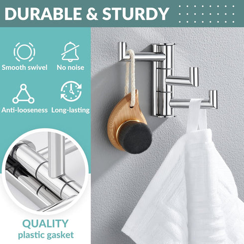 APLusee Swivel Towel Hook Polished Chrome, 304 Stainless Steel Triple Robe Hook with Multi Three Rotating Arms, Foldable Clothes Hanger, Wall Moun...
