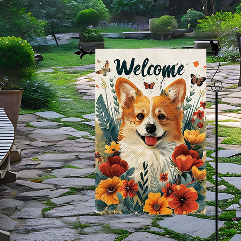 Welcome Cute Happy Corgi Amidst Flowers with Butterflies Illustrative Style Spring Summer Garden Flag Vertical Double Sided Garden Flag Seasonal R...