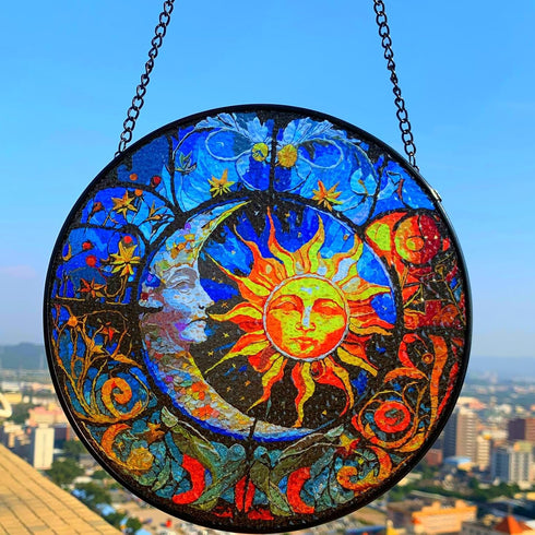 Stained Glass Suncatcher, 8'' Sun and Moon Face Hand-Painted Suncatcher for Window Stained Glass Window Hanging Birthday Gift for Mom Memorial Gif...