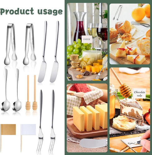 18 Pieces Charcuterie Board Accessories Stainless Steel Cheese Butter Spreader Knives Set Include Mini Serving Tongs, Knives, Spoons, Forks, Honey...