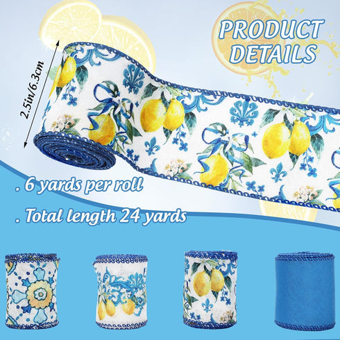 Whaline Lemon Wired Edge Ribbon 24 Yards Blue Tile Lemon Fabric Craft Ribbon for Spring Summer Baby Shower Birthday Gift Wrapping Wreath Bow DIY C...