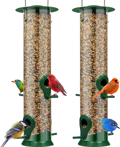 Gray Bunny 2 Pack, 12 Inches Tube Bird Feeders for Outdoors Hanging, 4 Feeding Ports, Hard Plastic Feeder Outdoor Weatherproof & Steel Hanger, Bir...