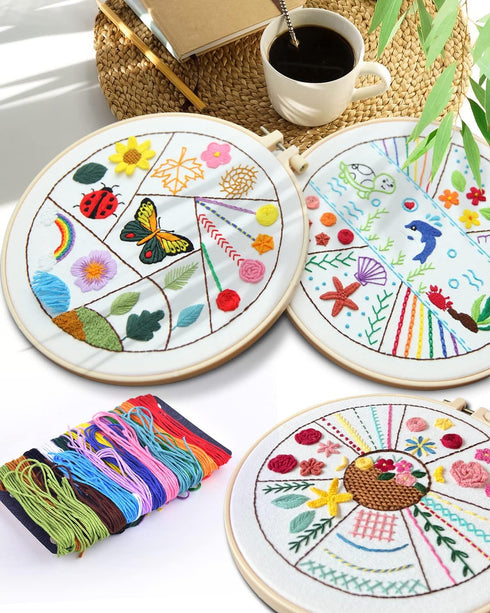 TINDTOP 3 Sets Beginners Embroidery Stitch Practice kit, Embroidery Kit for Beginners Include Embroidery Cloth Hoops Threads for Craft Lover Hand ...