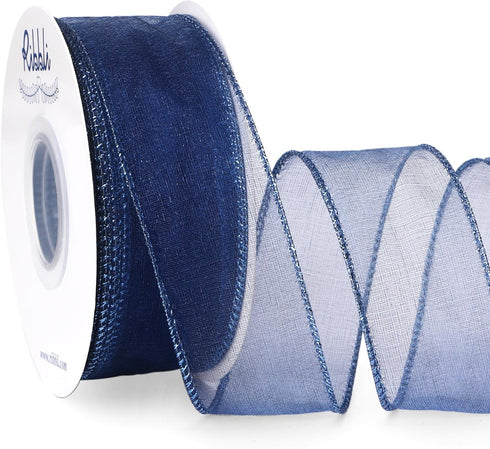 Ribbli Navy Organza Wired Ribbon, Navy Sheer Ribbon with Metallic Edge,1-1/2 Inch x 20 Yards Christmas Tree Ribbon for Decoration Gift Wrapping We...