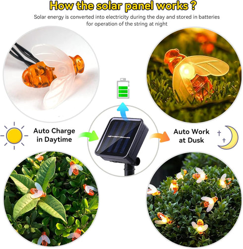 Solar Bee String Lights 30 LED 8 Modes Cute Bee Lights Waterproof Outdoor Lights Starry Fairy Lights Wedding Home Garden Patio Party Christmas Tre...