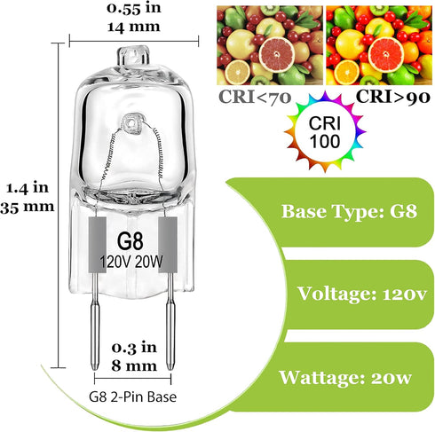 G8 Halogen Light Bulbs 2 pin - G8 Base 20 Watt Light Bulb 120V Dimmable Warm White 2700K - T4 JCD Type Under Cabinet Lighting Bi-Pin Puck Light Bu...