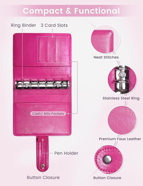 Zreal A7 Budget Binder with 12 Cash Envelopes, Money Organizer for Cash, Hot Pink Mini Binder Wallet for Cash Stuffing Binder, Money Saving Book, ...