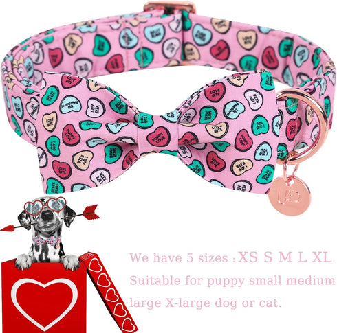 Valentine’s Day Dog Collar with Bow Tie, Valentine Bowtie Collar for Small Girl Boy Dog, Valentine’s Day & Wedding Gift Pet Collar, Cotton pink Co...