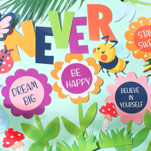 90 Pcs Spring Bulletin Board Decorations for Classroom Flowers Bulletin Board Set Never Stop Growing Cutouts Inspirational Quotes Cards Wall Decal...