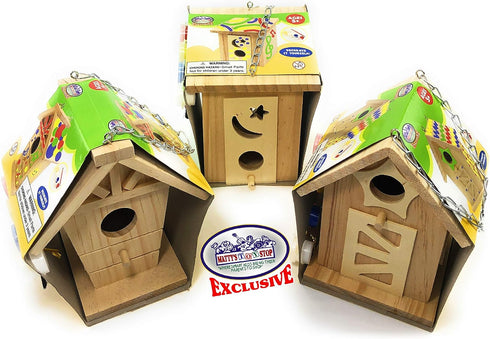 Matty's Toy Stop Paint Your Own Small Wooden Birdhouses (Includes Paints & Brushes) Gift Set Bundle - 3 Pack...