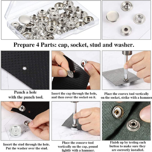 12 Sets Snap Fastener Kit, Press Studs Snap Fasteners Clothing Snaps Button with 2 Pieces Installation Tools for Bags, Jeans, Clothes, Fabric, Lea...