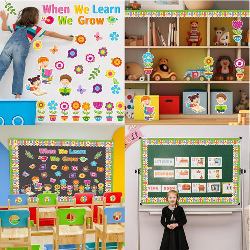 When We Learn We Grow Bulletin Cutouts Classroom Floral Bulletin Board Decor with Borders for Flower Themed Party School Window Home Supplies, 66 ...