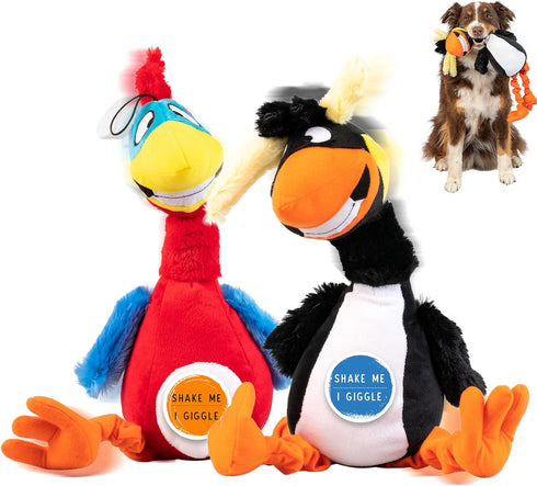 Pet Craft Supply Giggling Puffin & Parrot Multi Pack Interactive Dog Toys With Sound for Large Breed and Small Dogs Soft Chew Plush Dog Toy, Red B...