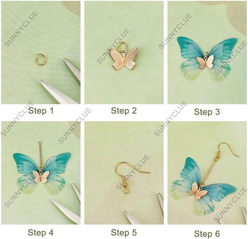 SUNNYCLUE 1 Box DIY 10 Pairs Butterfly Wing Charms Filigree Butterflies Charms Earring Making Starter Kits Fabric Insect Wings Charm Faceted Glass...