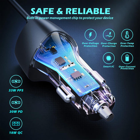 SUNDA USB C Fast Car Charger 51W Dual Ports, Built-in 5.9FT Type C Phone Charger Cable, USB-C Port Charger with PPS 33W/PD 30W/&QC 18W, Compatible...